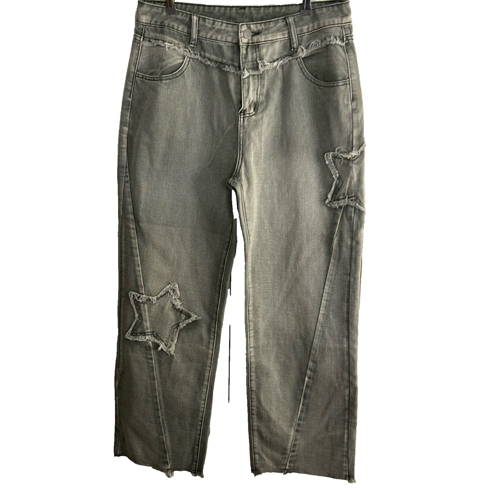 SHEIN Women's XL Gray Star Patch Wide Leg Jeans Non Stretch Denim Pants